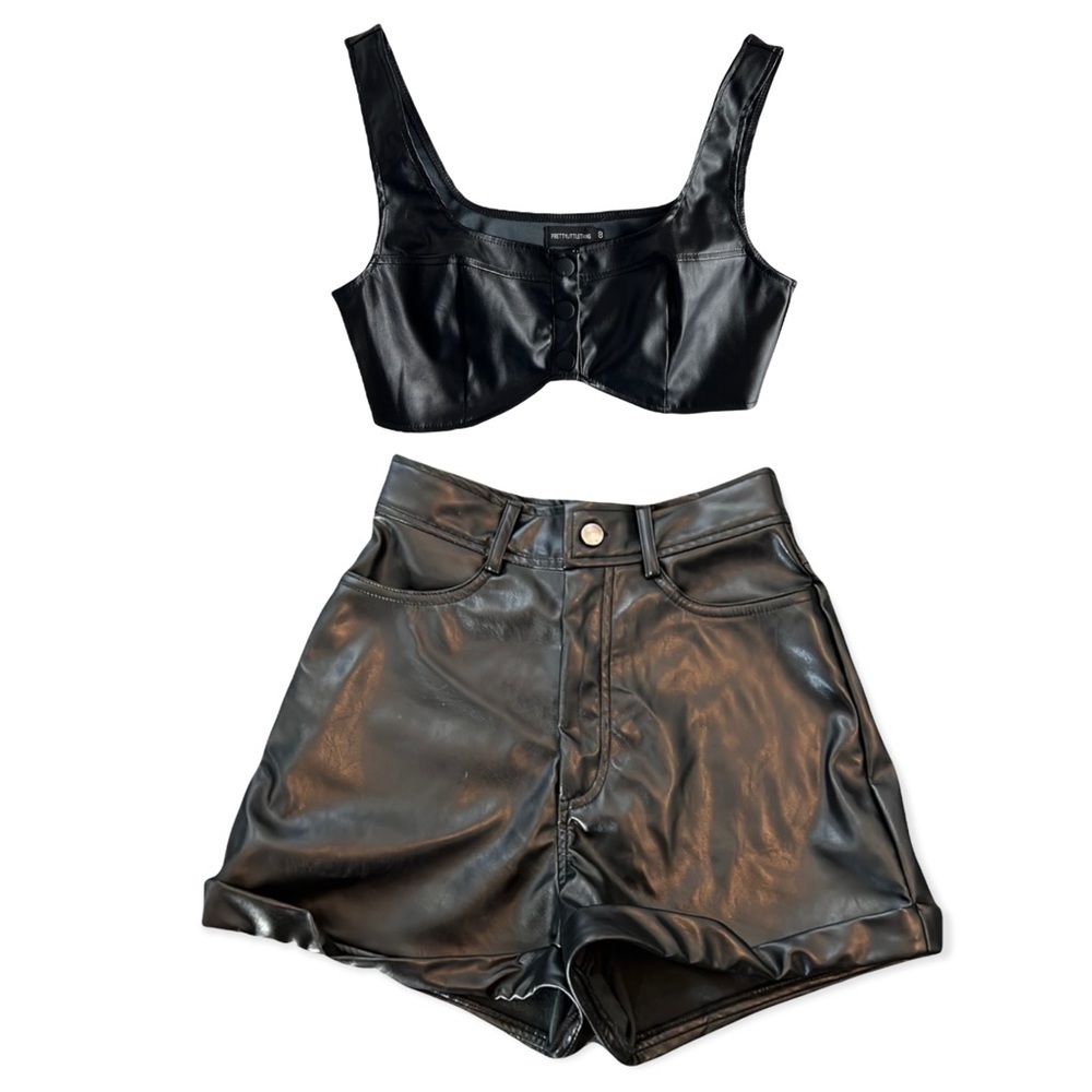 Black Faux Leather Square Neck Crop  Top